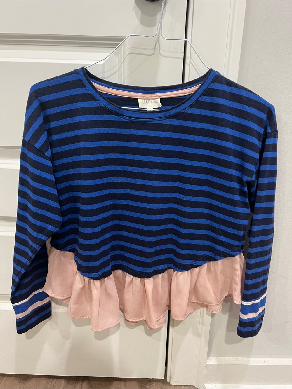 Anthropologie Deletta women’s Blue Striped Long-Sleeve Top with Pink Ruffle